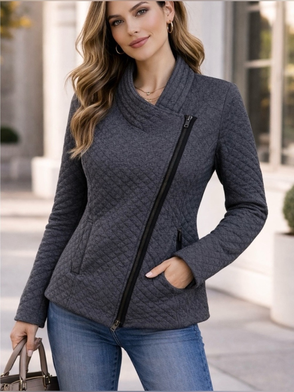Cabi Blazer/Jacket, Sz. S, Gray Herringbone, Asymmetrical Zipper, StandUp Collar